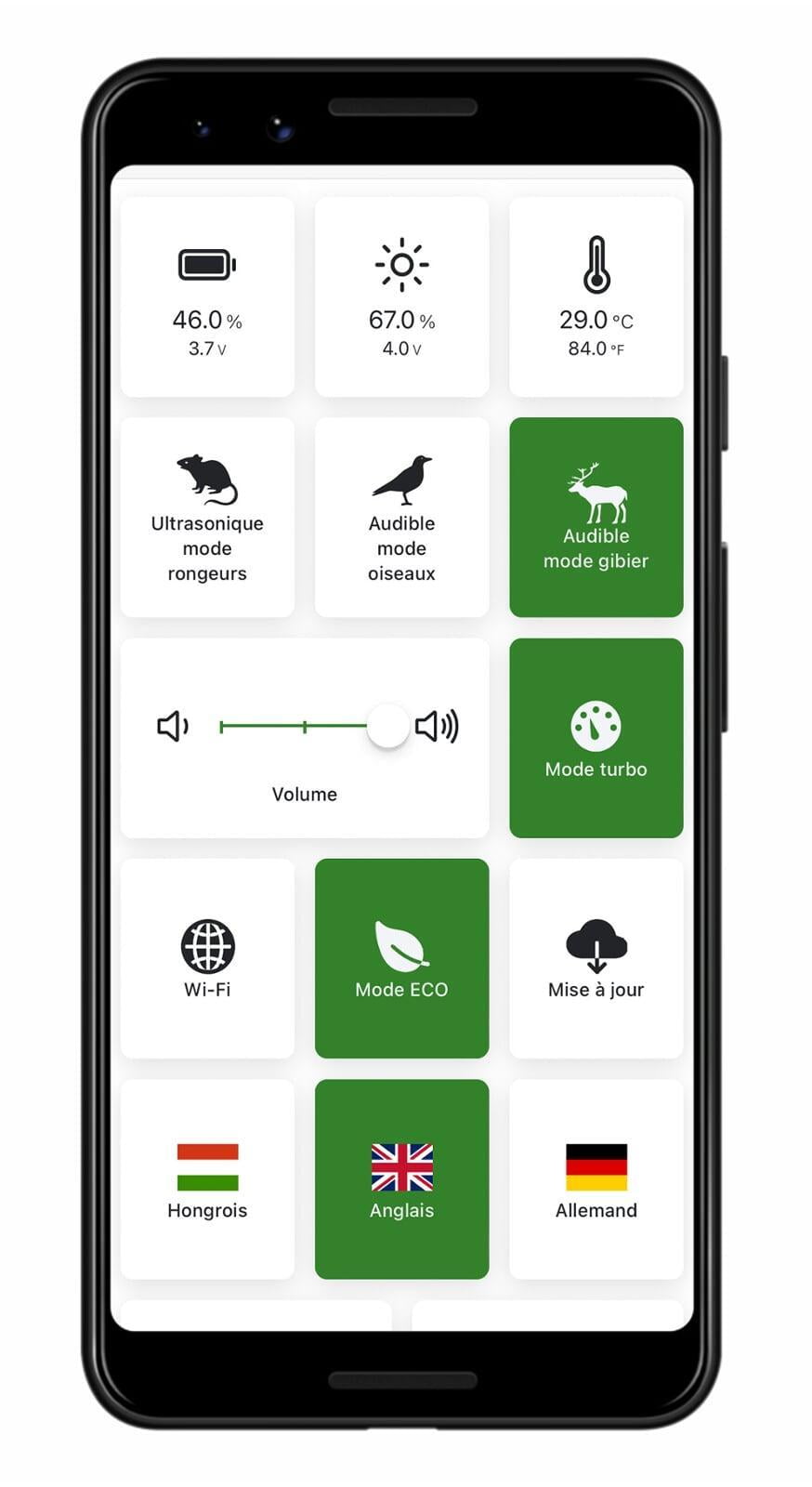 Vadalarm Smart App avec différentes options activées